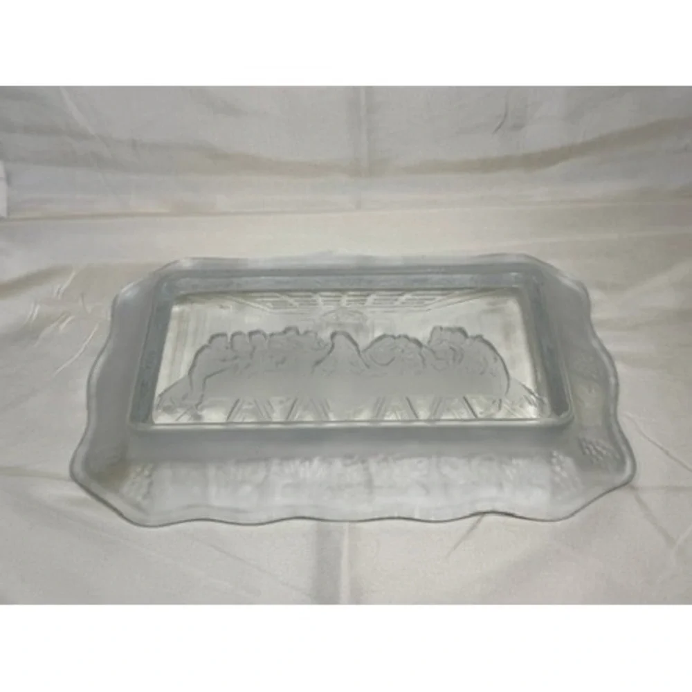 Indiana Glass Last Supper Frosted Glass Tray Embossed Scalloped Edge 11.5in EUC